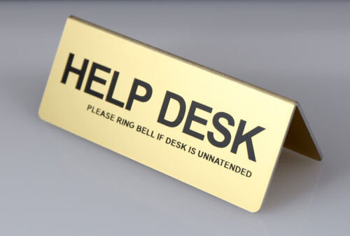 HELP DESK TABLE DESK SIGN ALUMINIUM WITH VINYIL LETTERS 95mm x 38mm GOLD SILVER