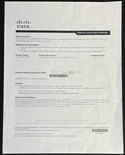 Cisco Software License Claim Certificate for MDS9300 / 5 Year / L5-D-M93S-AXK9=