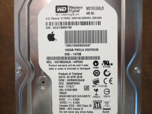 WD WD1602ABJS-43P5A0 DCM:HHRNHV2AAN Apple#655-1470B 160gb 3.5″ Sata Hard Drive