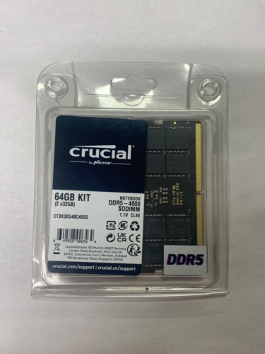 Crucial 64GB Kit (2 x 32GB) DDR5 4800 PC5-38400 Laptop Memory P/N CT2K32G48C40S5