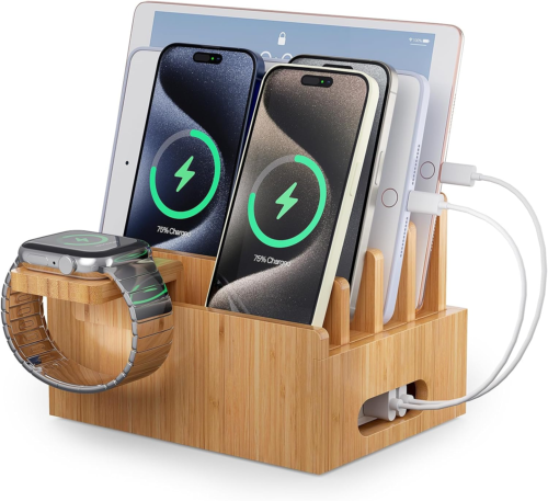 Bamboo Charging Station for Multi-Device with 4 Slots, Charging Dock Stand Compa