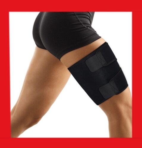 New Thigh Brace Hamstring Quad Wrap Adjustable 1 Size Compression Support Black