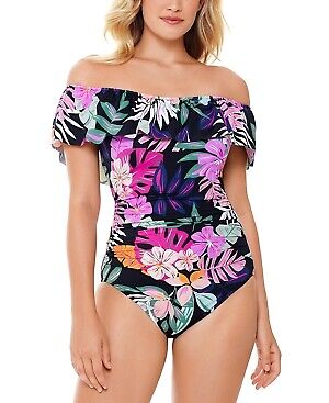 Swim Solutions Womens Deco Printed Off The Shoulder Ruffle Tummy Control One pie