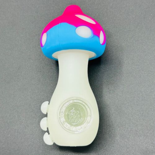 Silicone Smoking Pipe with Glass bowl GLOWS pink blue  MUSHROOM pipe