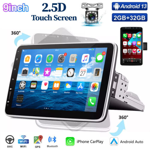 Single 1DIN Rotatable 9” Android 13.0 Car CarPlay GPS Navi WiFi Stereo BT Radio