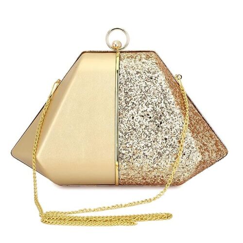 Gold Dual Glitter Handicraft Acrylic Hexagonal Box Clutch Bag for Bridal Women