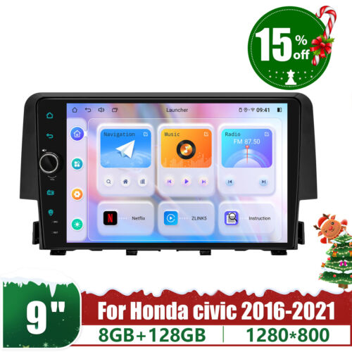 8+128GB Android 12 Car Stereo for Honda Civic 2016+ 9″ Screen Headunit GPS Navi