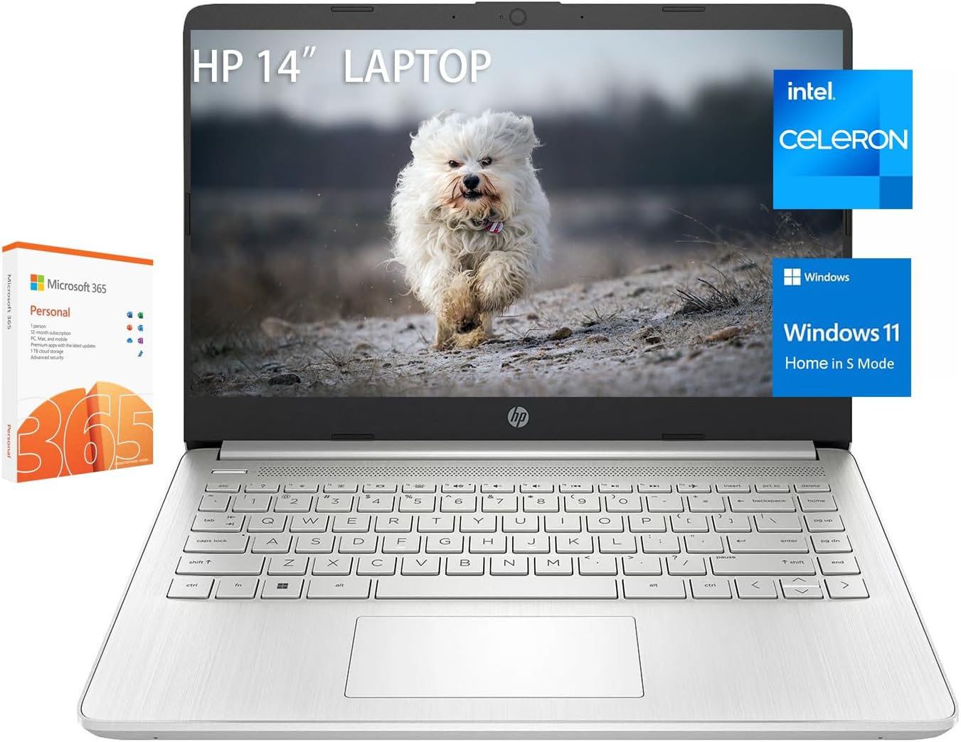 HP Stream 14 Inch Laptop for Student，Intel Celeron N4120,8GB RAM,128GB eMMC,Microsoft 365 with 1TB Cloud Storage,720p Webcam,Windows 11 S,Long Battery Life,with 5ave Accessories,Silver