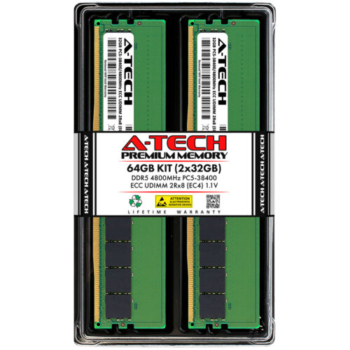 A-Tech 64GB 2x 32GB 2Rx8 PC5-38400 DDR5 Unbuffered ECC UDIMM Server Memory RAM