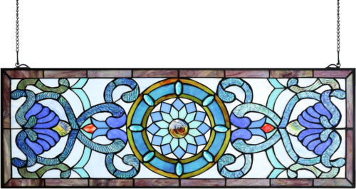 Extra Large Horizontal 35 Inch Blue Victorian Stained Glass Window Panels Hangin