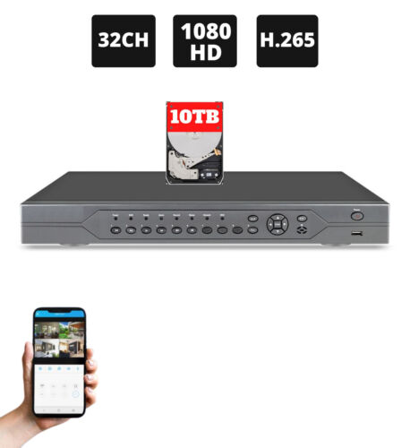 32 Channel H.265 DVR CCTV Recorder 10TB HDD Memory Smartphone Remote View