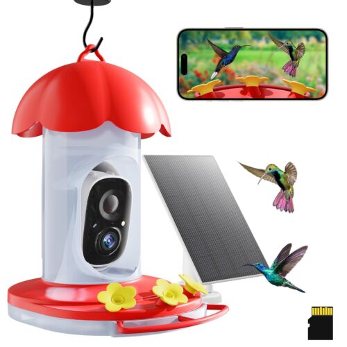 Smart Hummingbird Feeder with Camera, Solar Power, 32GB Card, Ant Moat, Bee P…