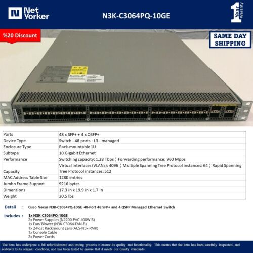 Cisco Nexus N3K-C3064PQ-10GE 48 Port Switch With Dual Power – Same Day Shipping