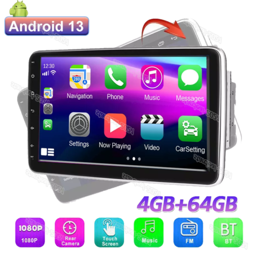 10in 64G CarPlay Single 1 Din Rotatable Android 13 Car Stereo Radio GPS WiFi SWC