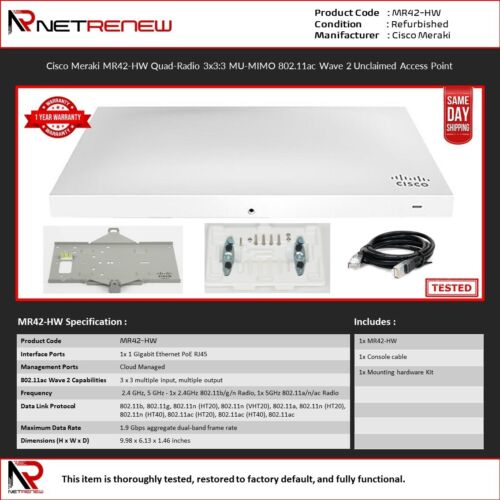 Cisco Meraki MR42-HW  802.11ac 1.90 Gbit/s Cloud Managed Wireless Access Point