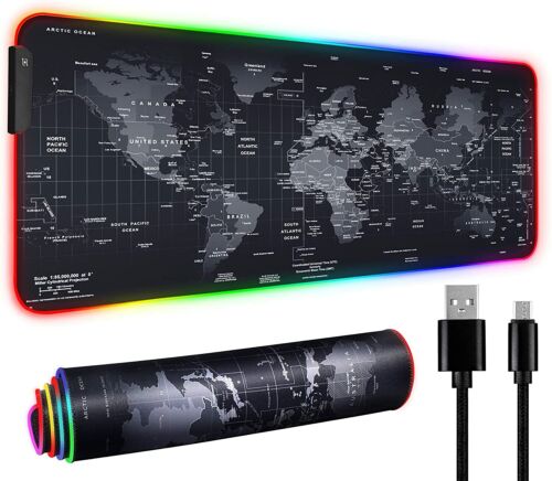 RGB LED Gaming Mouse Soft Pad Extra Large Oversized Glowing World Map 31.5X12”