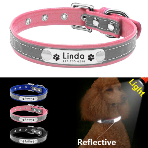 Reflective Personalized Small Medium Dogs Leather Collar Custom ID Tag Engraved