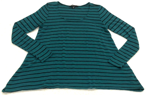 XAI Womens Top Size M Green Black Striped Stretch Scoop Neck Long Sleeve