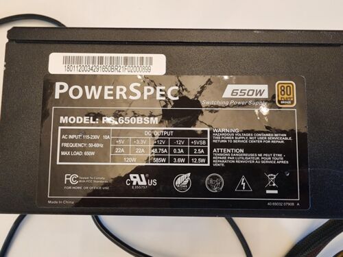 PowerSpec PS650BSM 650W 80+ Bronze ATX 12V Power Supply (without modular cable)