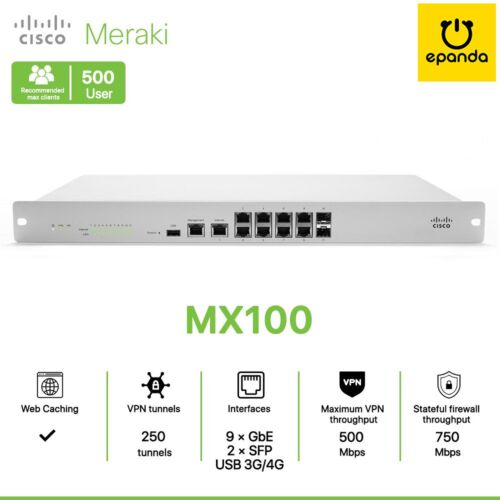 Cisco Meraki MX100 SD-WAN Security Appliance Firewall, UNCLAIMED, 1Y-Warranty