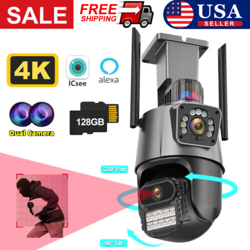 Wireless 8MP 4K WiFi IP Camera Outdoor Dual Lens CCTV Home Security PTZ IR Cam#