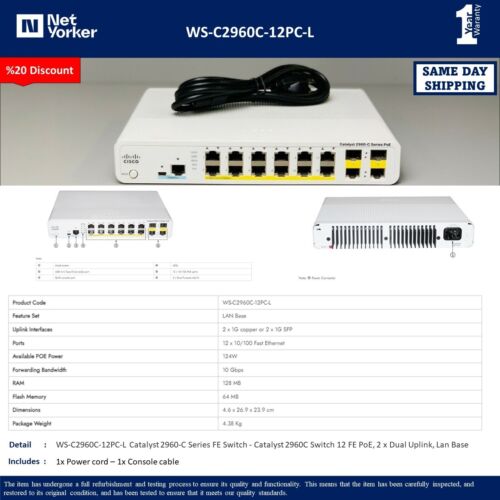 Cisco WS-C2960C-12PC-L 12 Port PoE Compact Switch – Same Day Shipping