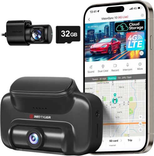 Dash Cam 4G LTE 32GB with SIM Card Front Rear, Remote Live Stream, Cloud Storage