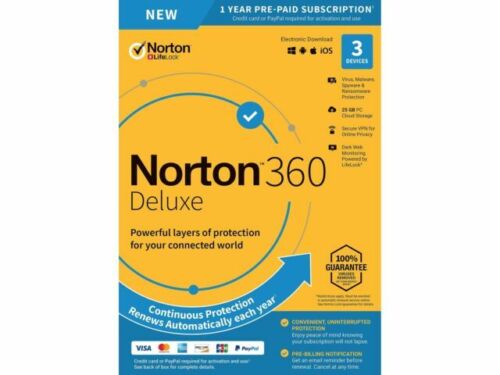 Norton 360 Deluxe 3 Devices 25GB PC Cloud Storage New 2024 VPN Internet Security