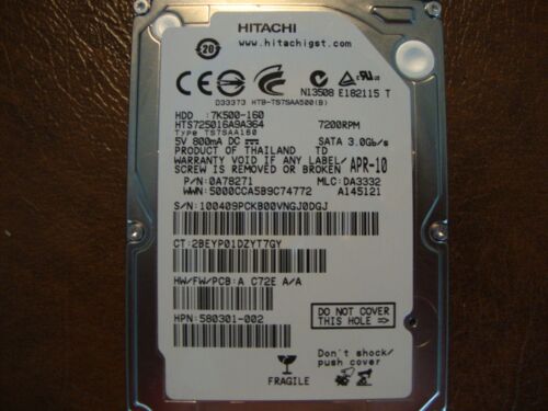 Hitachi HTS725016A9A364 PN:0A78271 MLC:DA3332 160gb 2.5″ Sata Hard Drive