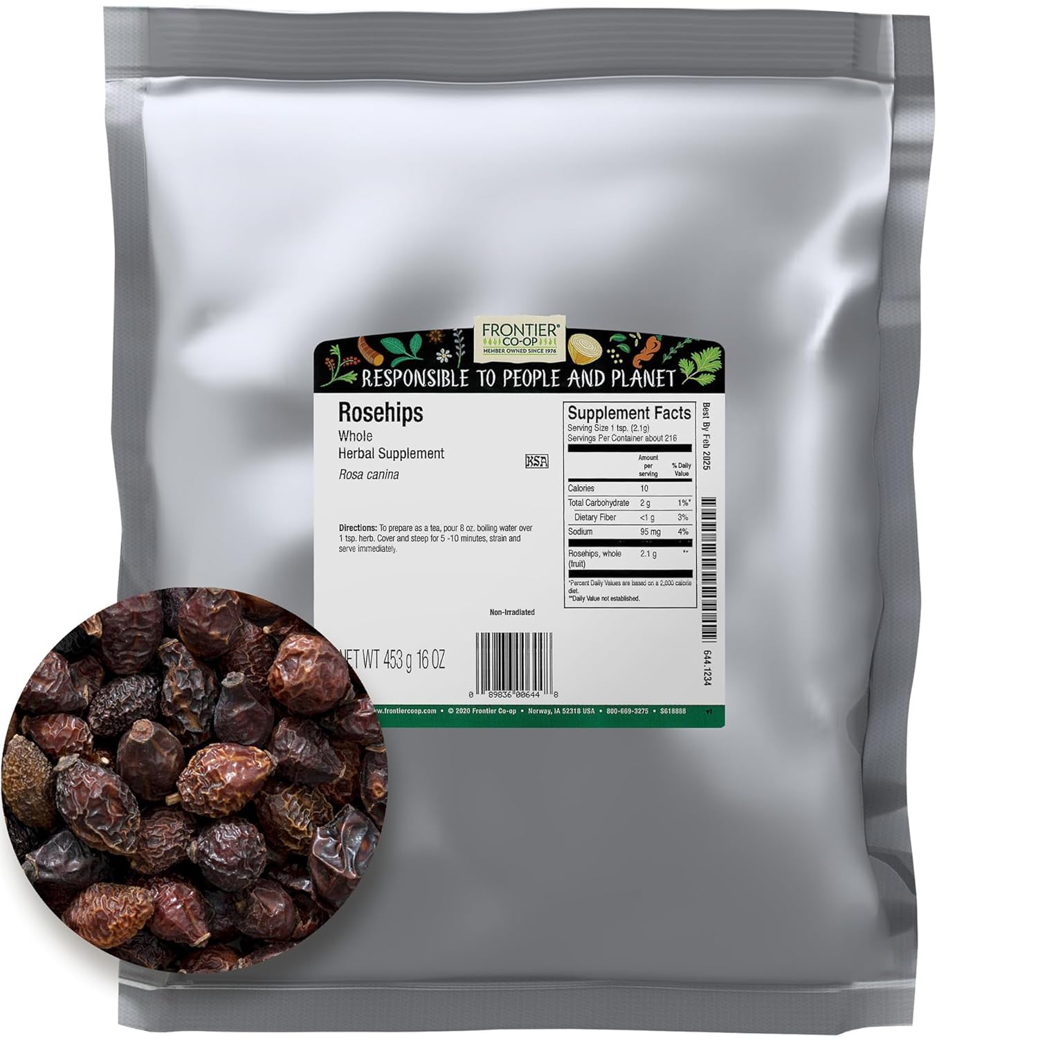 Frontier Co-op Whole Rosehips, 1 lb | Dried Rose Hips for Rosehip Tea, Rosehip Powder, Rosehip Oil and More | Bulk Wholesale 1 Pound, in One 16-oz Bag (more than 450 Grams)