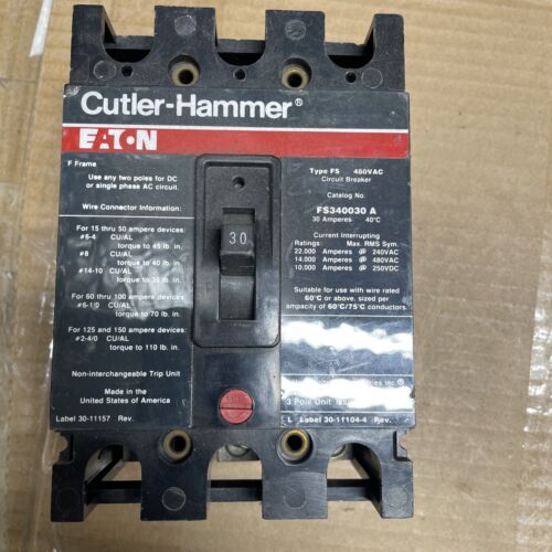 Cutler Hammer FS340030A Molded Case Circuit Breaker  30A FS340030