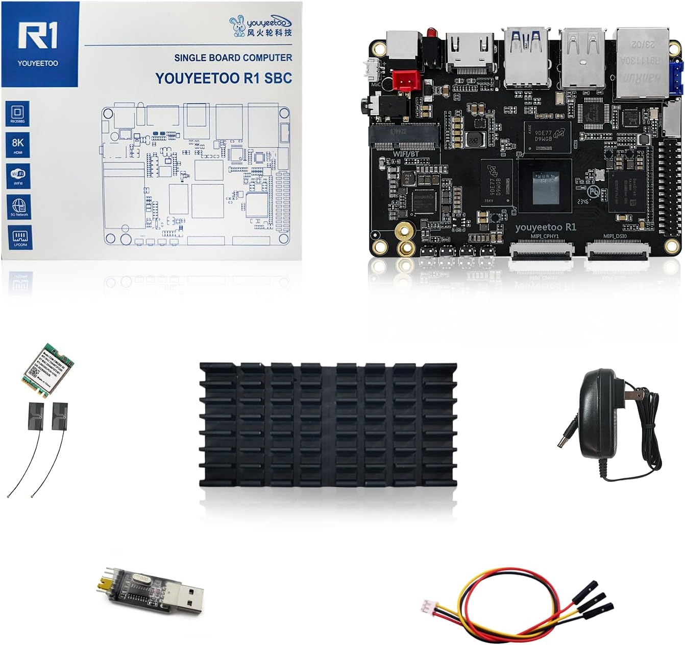 youyeetoo R1 WiFi 6 Single Board Computer -Rockchip RK3588S -6 Tops NPU & 8K Display -Support HDMI 2.1, SATA 3.0, PCIe 2.0 SSD, USB Host x5, Onboard NFC -AIoT Control/NAS (8GB RAM+64GB eMMC Kits)