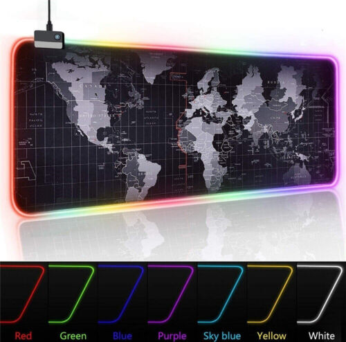 RGB LED Extra Large Soft Gaming Mouse Pad Extended Glowing World Map 31.5×12”