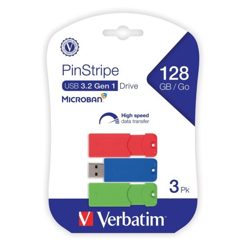 Verbatim PinStripe 128GB USB 3.2 Type-A Flash Drive Red/Green/Blue 3/Pack