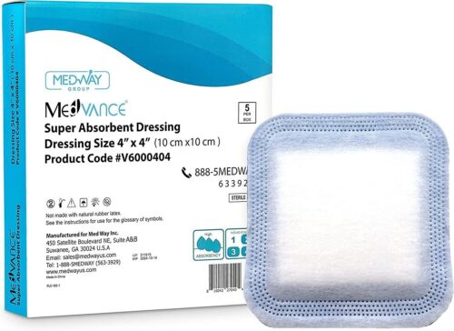 MedVance Super Absorbent Non-Adhesive Wound Dressing, 4″x4″, Box of 5