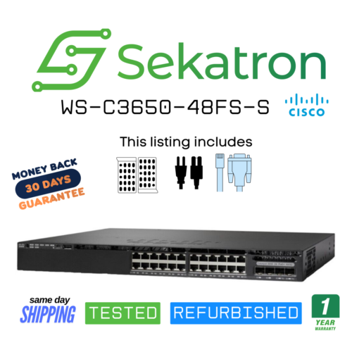 Cisco WS-C3650-48FS-S 48-Port Gigabit PoE+ Switch w/ 4 SFP Uplinks Fast Ship