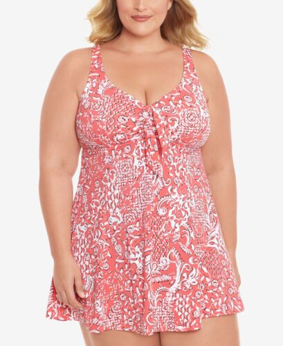 Swim Solutions Womens Plus Size Mix It Up Bow-Front Tummy-Control Swimdress 18W