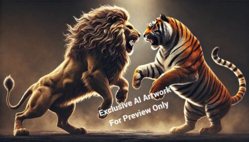 Digital Image for Printing Desktop Wallpaper AI Art Lion vs Tiger Clash