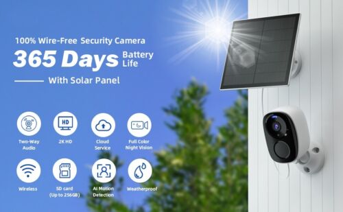 2K Solar Security Cameras Wireless Outdoor Solar Outdoor Camera SD/Cloud Storage