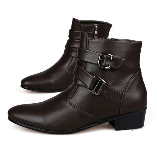 British Style Mens Zipper Pointed Toe Ankle Riding Boots Buckle Strap Side Shoes