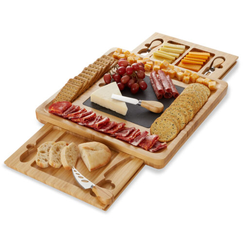 Bamboo Charcuterie Cheese Board Gift Set, Slate Center, Stainless Steel Knives