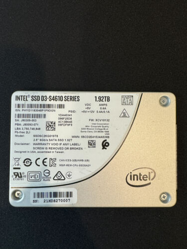 INTEL SSD D3-S4610 Series Enterprise SSDSC2KG019T8 2.5” SATA SSD 1.92TB