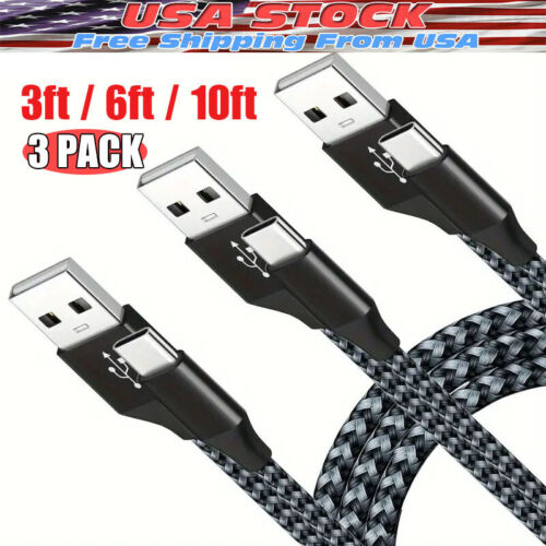 3Pack 3/6/10Ft USB to Type-C Cable Fast Charger Charging Data Sync Cord