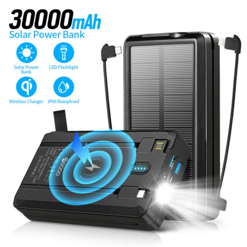 30000mAh Dual-USB Solar Power Bank Battery Charger Wirless For Mobile Phone