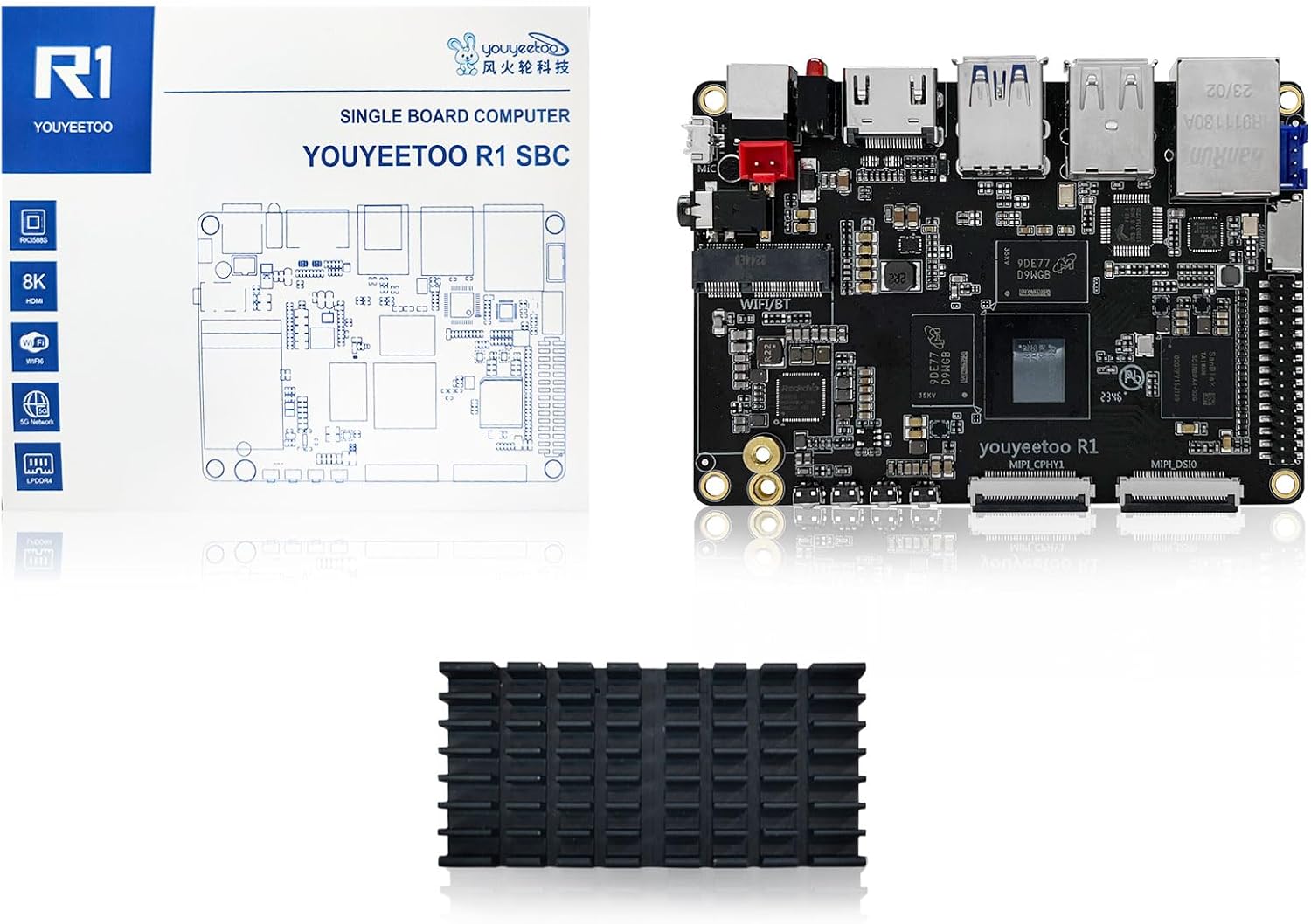 youyeetoo R1 Single Board Computer -Basic Rockchip RK3588S -6 Tops NPU & 8K Display -Support HDMI 2.1, SATA 3.0, PCIe 2.0 SSD, USB Host x5, Onboard NFC -AIoT Control/NAS (8GB RAM+64GB eMMC)