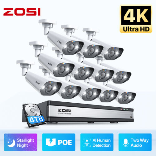 ZOSI 16CH H.265+ 8MP NVR 4K PoE Security Camera System 4TB 24/7 Audio recording