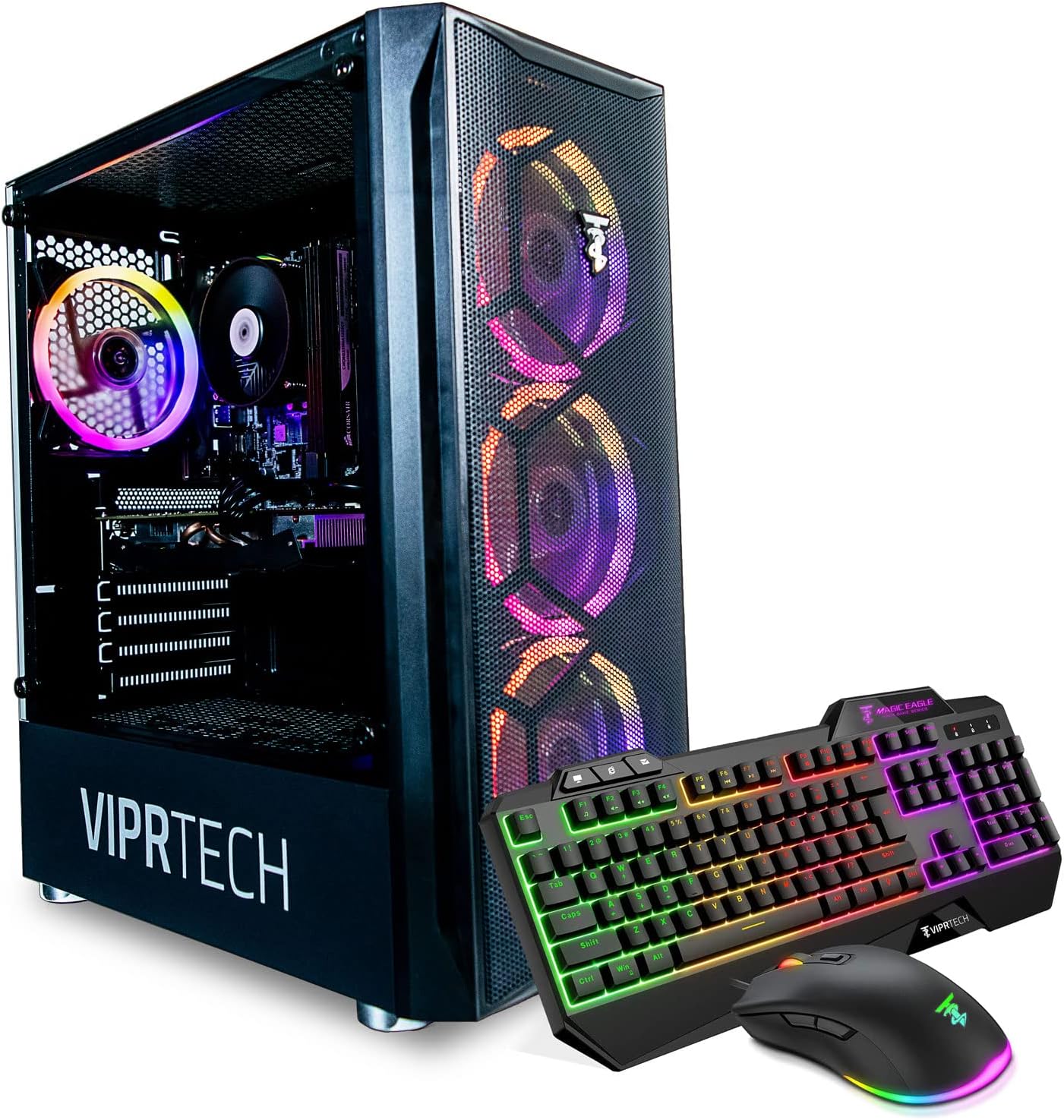 ViprTech Mutineer Gaming PC Desktop – Intel Core i7 (3.8GHz), AMD Radeon RX 580 8GB, 16GB RAM, 512GB NVMe SSD, 700W PSU, RGB Keyboard Mouse Mousepad, WiFi, Bluetooth, Win 10 Pro, Streaming, Black