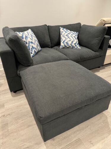 New Modular Cloud Loveseat With Storage Ottoman & Slipcovered Cushions