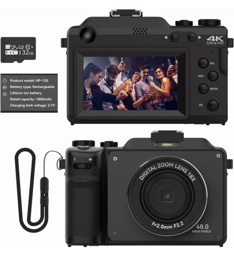 Digital Cameras for Photography, 4K 48MP Vlogging Camera 18X Digital Zoom 32GB