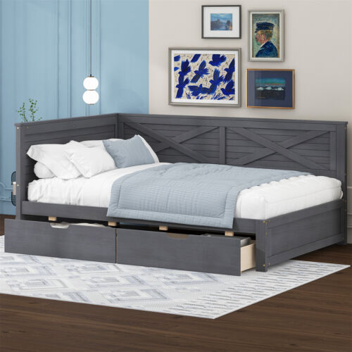 Twin Size Wooden Daybed Wooden Bed Frame Sofa Bed with 2 Drawers Grey/Brown